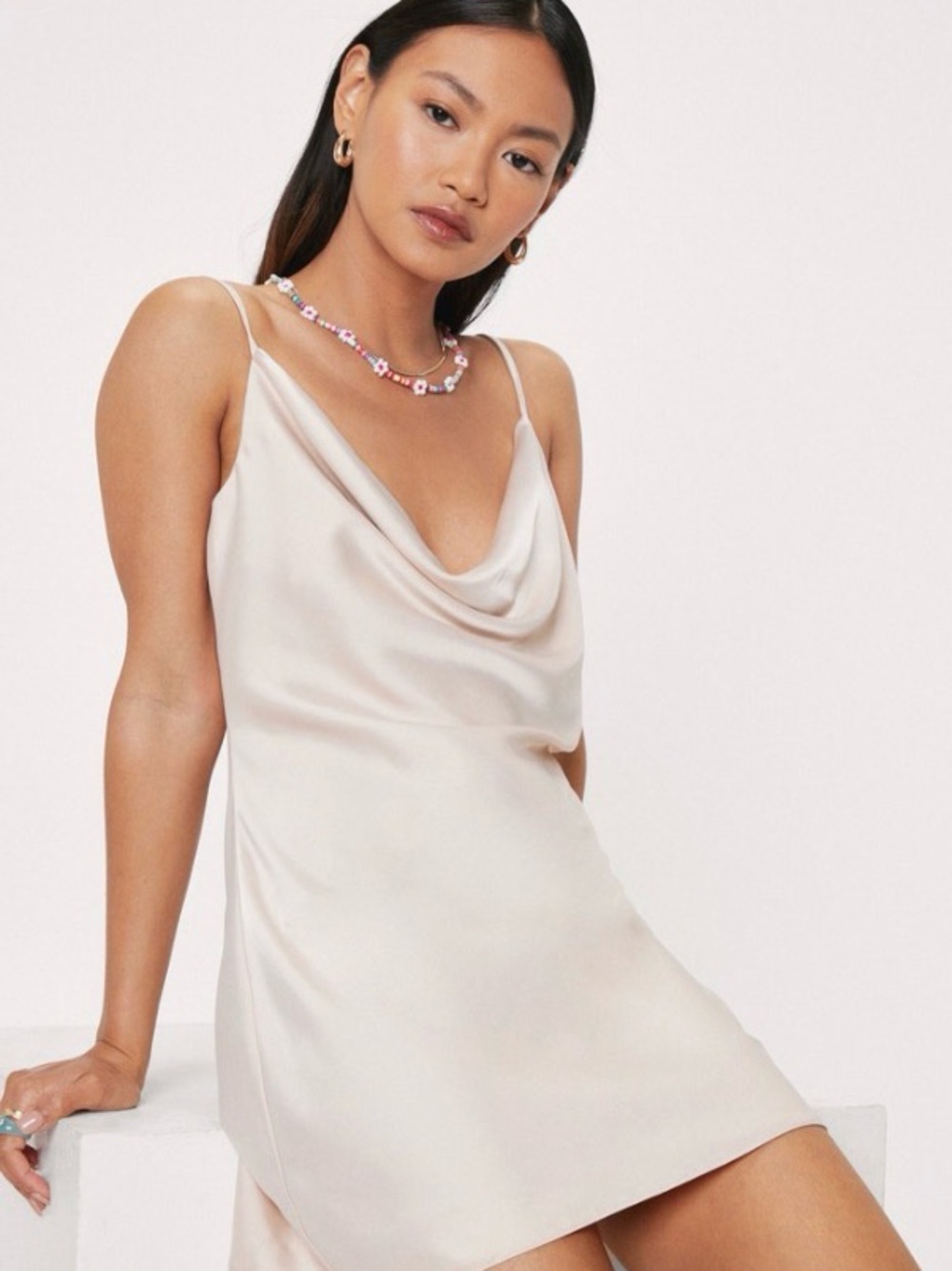 Nasty Gal Cream Satin Cowl Slip Dress